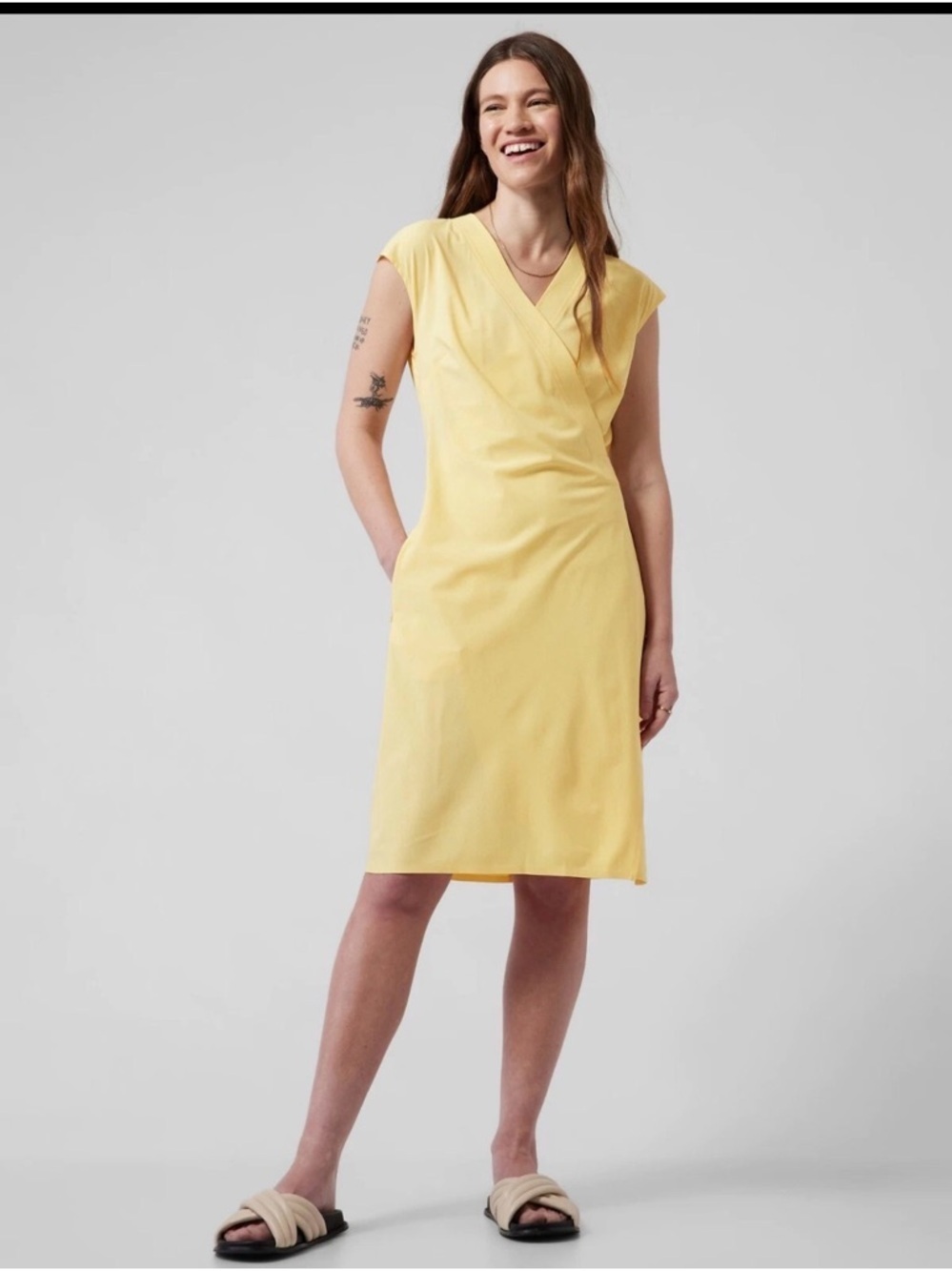 Athleta Newport Yellow Midi Wrap Dress - Size S - Chic & Breezy ☀️